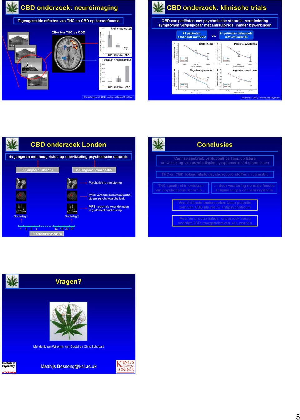 21 patiënten behandeld met amisulpride Totale PANSS Positieve symptomen Placebo CBD Striatum / Hippocampus Negatieve symptomen Algemene symptomen Placebo CBD Bhattacharyya et al.