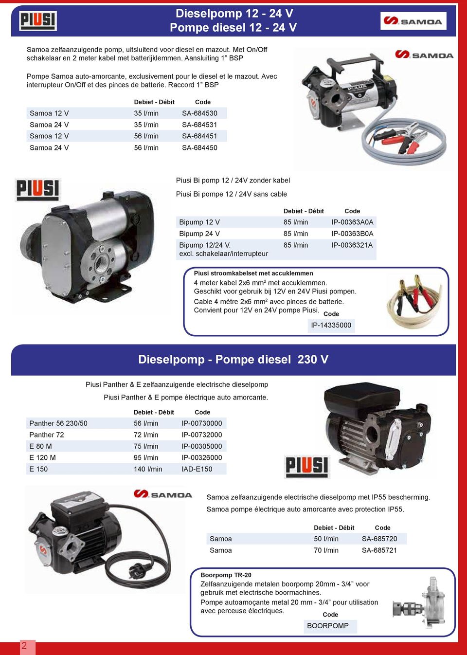 Raccord 1 BSP Debiet - Débit Samoa 12 V 35 l/min SA-684530 Samoa 24 V 35 l/min SA-684531 Samoa 12 V 56 l/min SA-684451 Samoa 24 V 56 l/min SA-684450 Dieselpomp 12-24 V Pompe diesel 12-24 V Piusi Bi