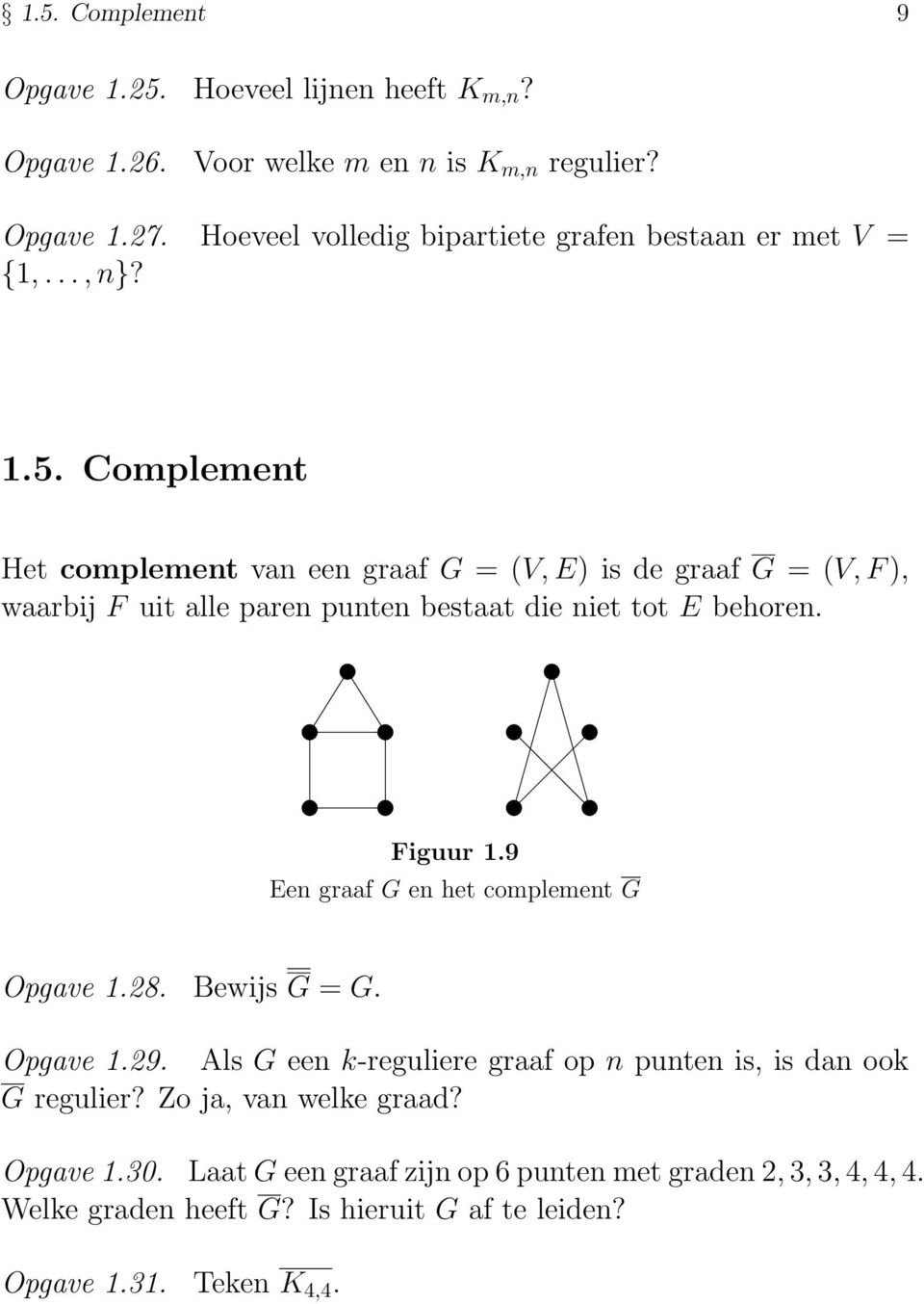 Complement Het complement van een graaf G = (V,E) is de graaf G = (V,F), waarbij F uit alle paren punten bestaat die niet tot E behoren. Figuur.