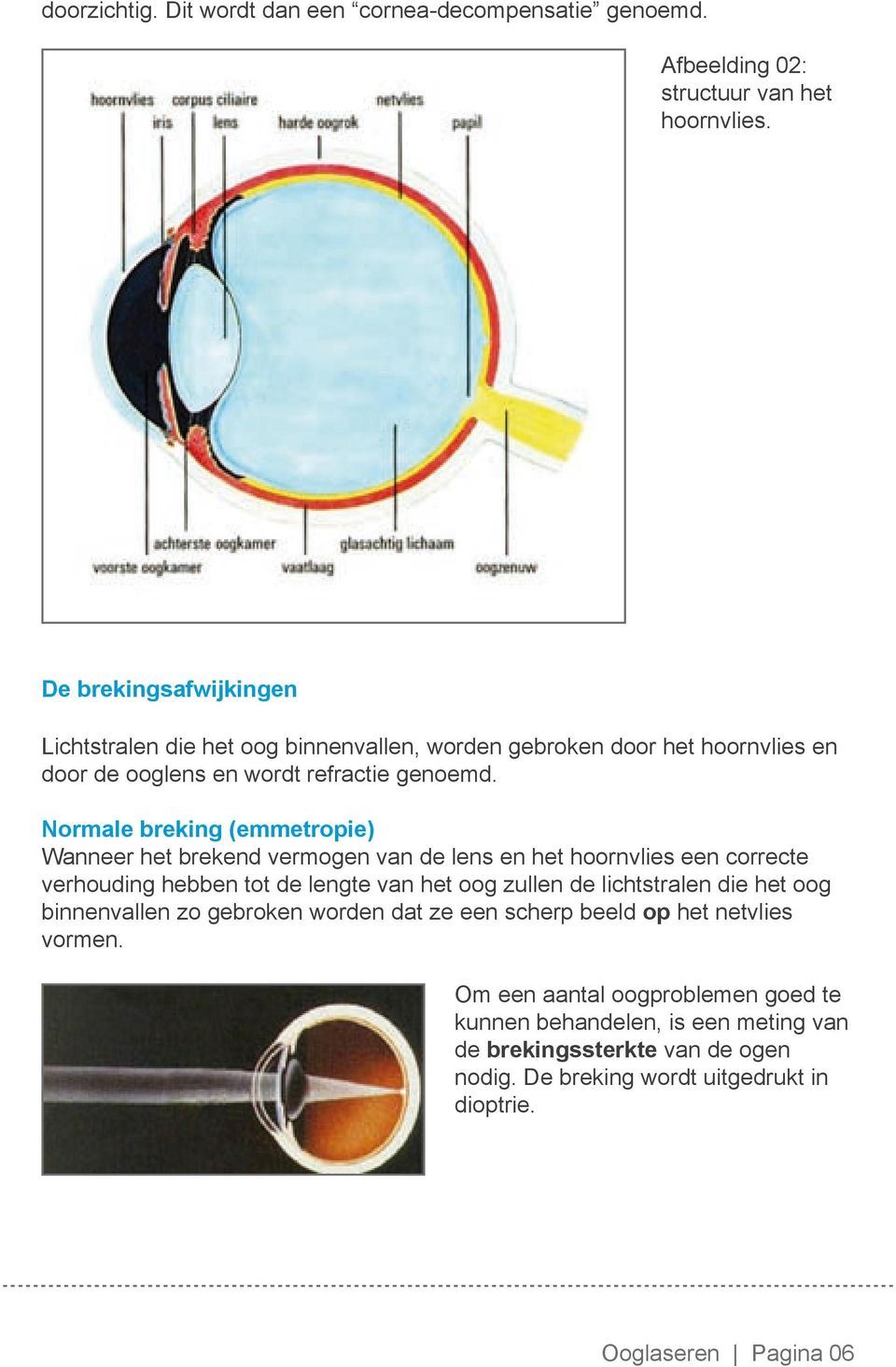 Normale breking (emmetropie) Wanneer het brekend vermogen van de lens en het hoornvlies een correcte verhouding hebben tot de lengte van het oog zullen de lichtstralen