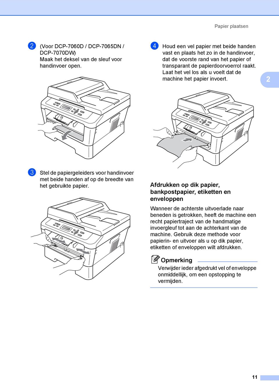 Laat het vel los als u voelt dat de machine het papier invoert. 2 c Stel de papiergeleiders voor handinvoer met beide handen af op de breedte van het gebruikte papier.
