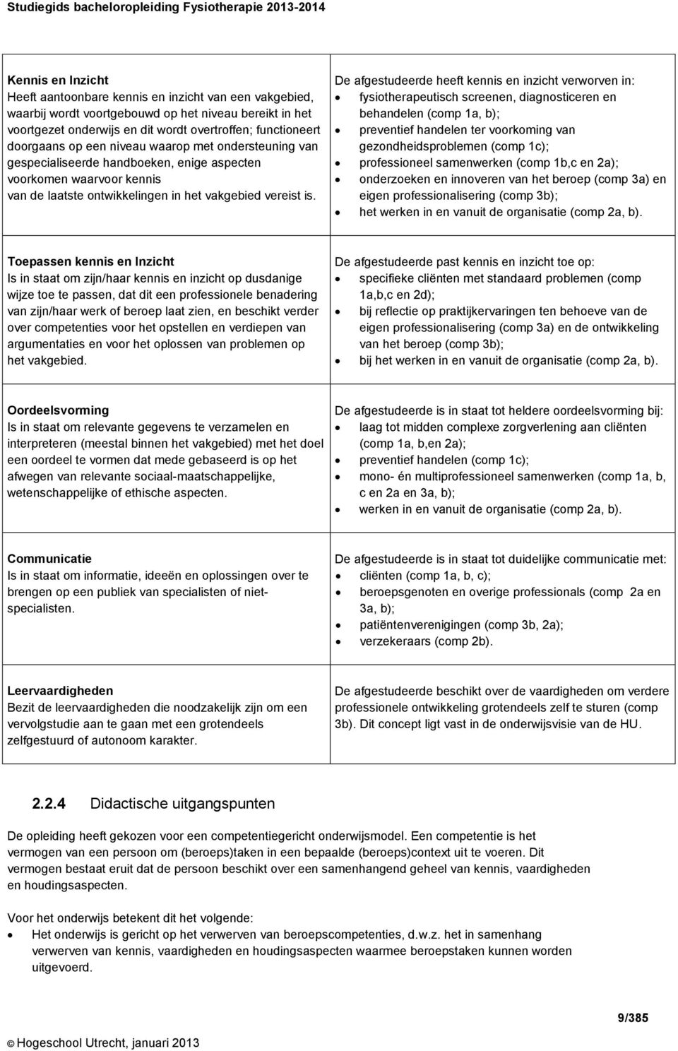 De afgestudeerde heeft kennis en inzicht verworven in: fysiotherapeutisch screenen, diagnosticeren en behandelen (comp 1a, b); preventief handelen ter voorkoming van gezondheidsproblemen (comp 1c);