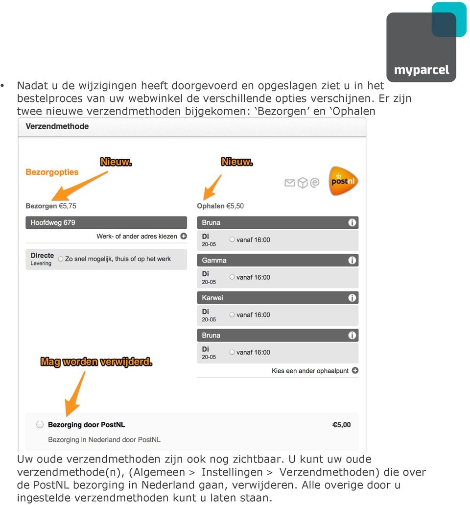 Er zijn twee nieuwe verzendmethoden bijgekomen: Bezorgen en Ophalen Uw oude verzendmethoden zijn ook nog zichtbaar.