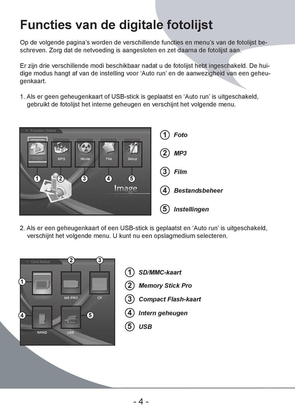 . Als er geen geheugenkaart of USB-stick is geplaatst en Auto run is uitgeschakeld, gebruikt de fotolijst het interne geheugen en verschijnt het volgende menu.