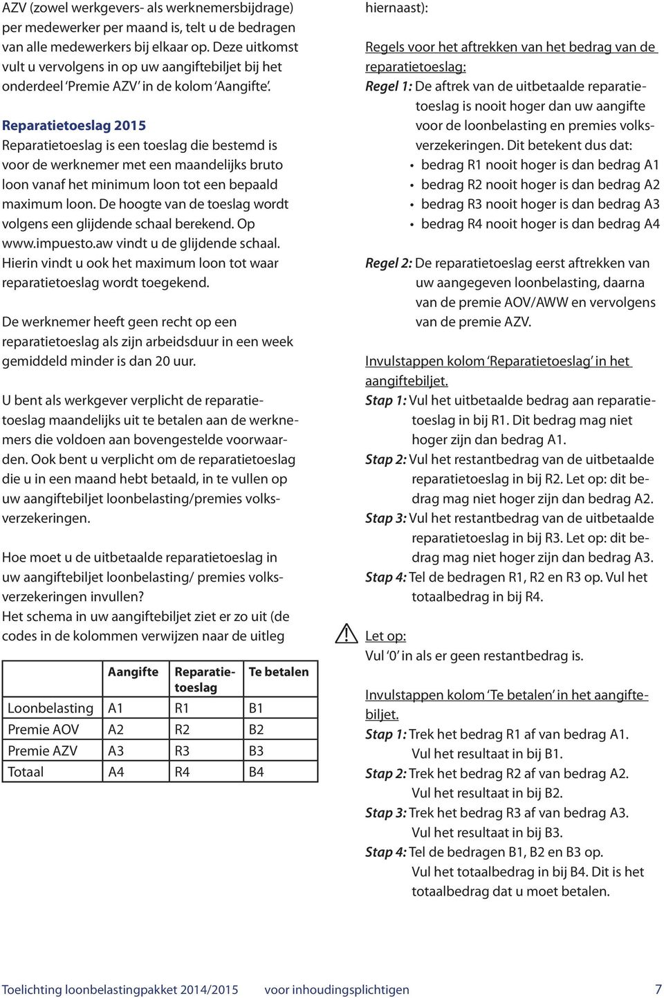 Reparatietoeslag 2015 Reparatietoeslag is een toeslag die bestemd is voor de werknemer met een maandelijks bruto loon vanaf het minimum loon tot een bepaald maximum loon.