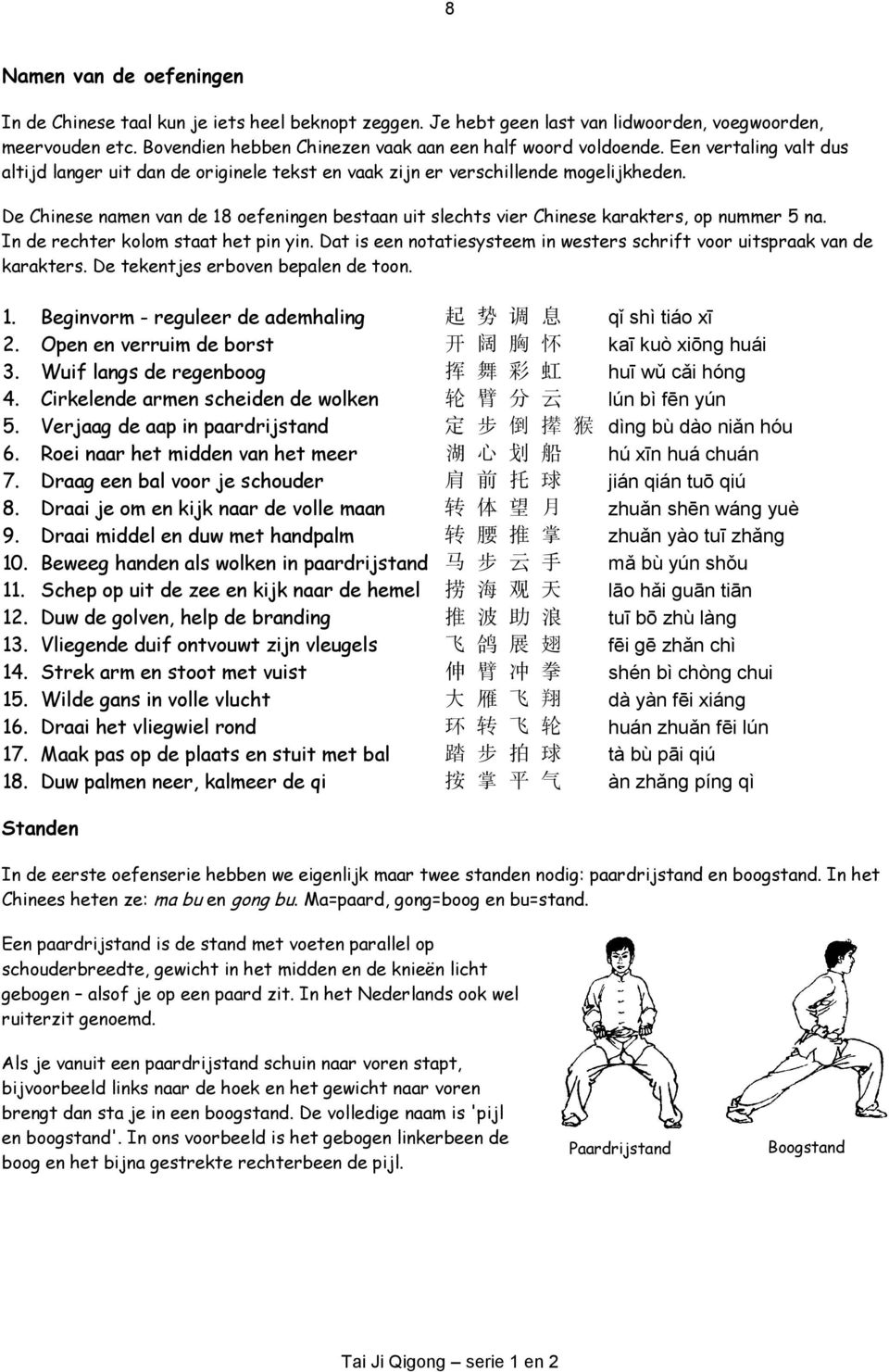 De Chinese namen van de 18 oefeningen bestaan uit slechts vier Chinese karakters, op nummer 5 na. In de rechter kolom staat het pin yin.