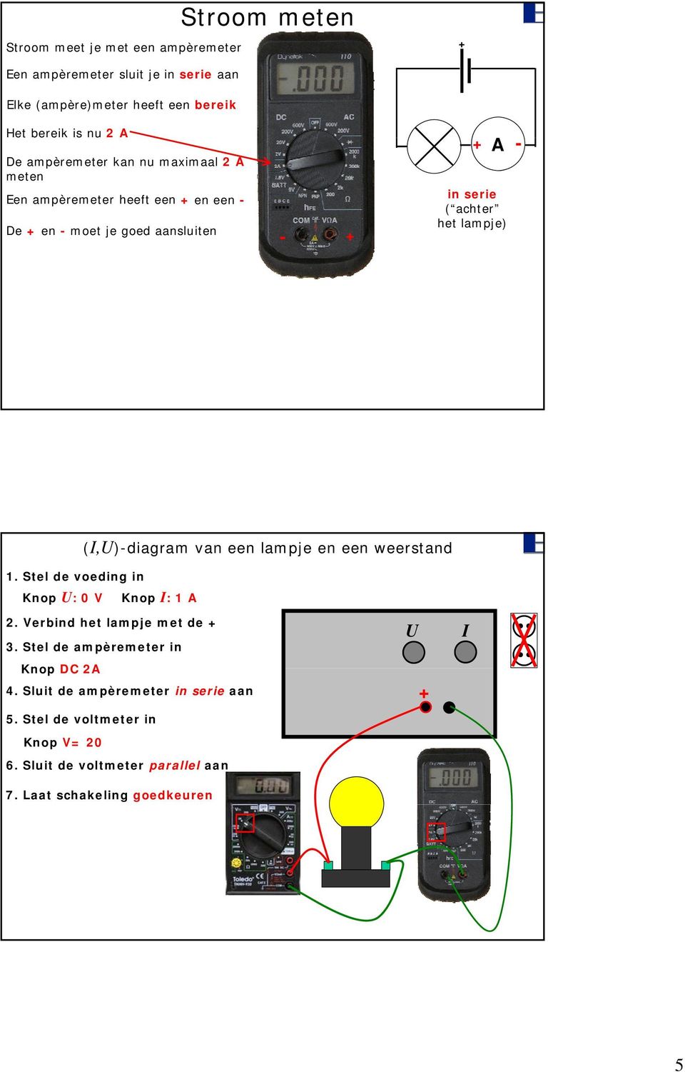 (I,)-diagram van een lampje en een weerstand. Stel de voeding in Knop : 0 V Knop I: A. Verbind het lampje met de 3.
