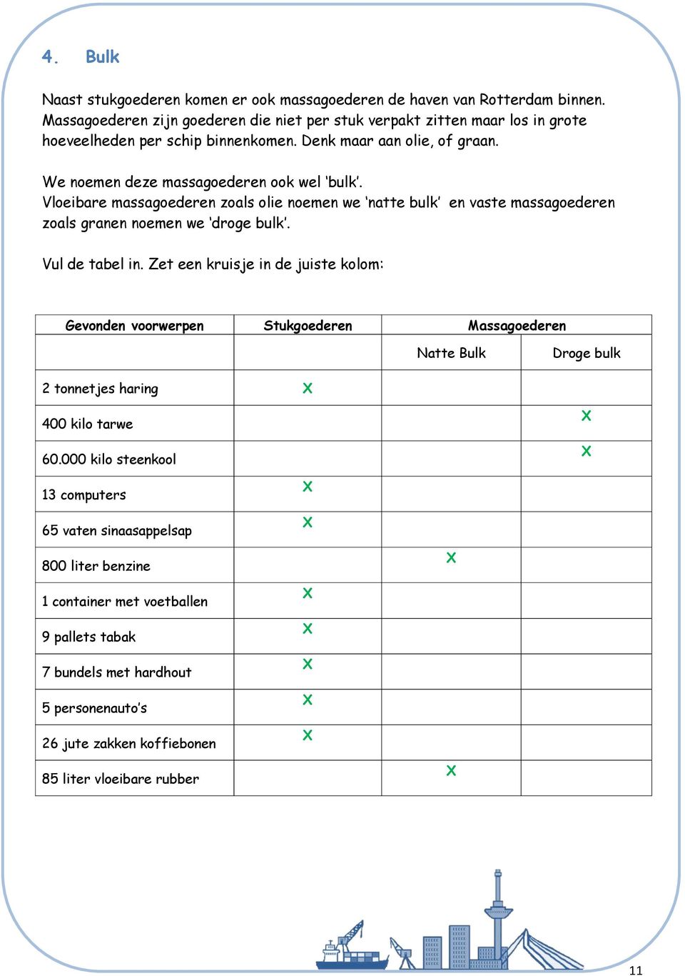 Vloeibare massagoederen zoals olie noemen we natte bulk en vaste massagoederen zoals granen noemen we droge bulk. Vul de tabel in.