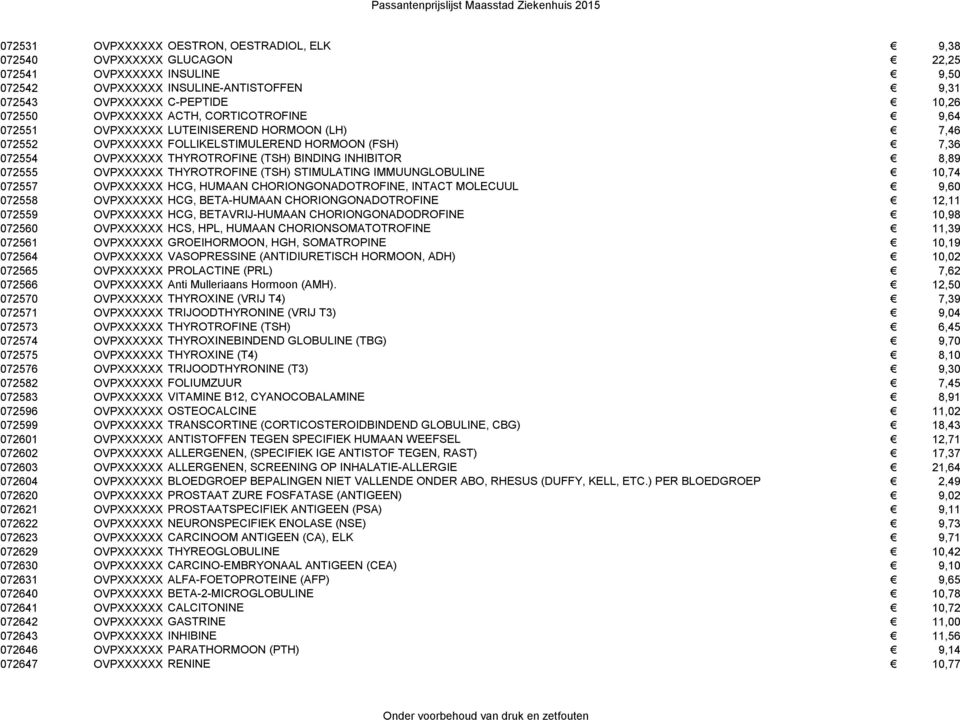 072555 OVPXXXXXX THYROTROFINE (TSH) STIMULATING IMMUUNGLOBULINE 10,74 072557 OVPXXXXXX HCG, HUMAAN CHORIONGONADOTROFINE, INTACT MOLECUUL 9,60 072558 OVPXXXXXX HCG, BETA-HUMAAN CHORIONGONADOTROFINE