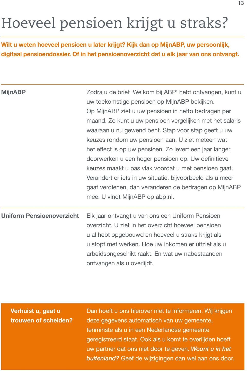 Op MijnABP ziet u uw pensioen in netto bedragen per maand. Zo kunt u uw pensioen vergelijken met het salaris waaraan u nu gewend bent. Stap voor stap geeft u uw keuzes rondom uw pensioen aan.