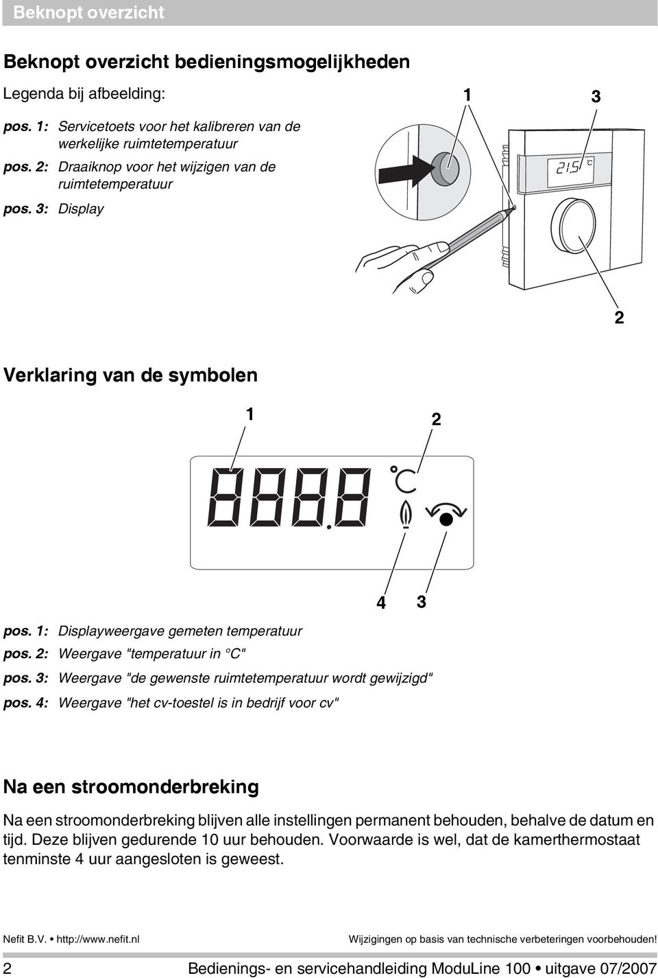 2: Weergave "temperatuur in C" pos. 3: Weergave "de gewenste ruimtetemperatuur wordt gewijzigd" pos.