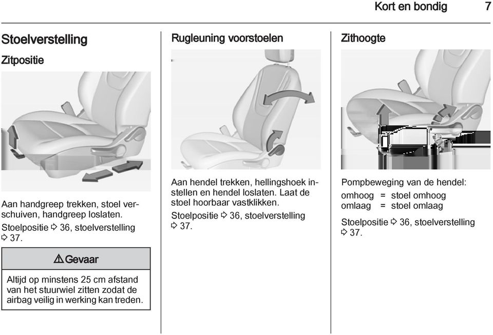 9 Gevaar Altijd op minstens 25 cm afstand van het stuurwiel zitten zodat de airbag veilig in werking kan treden.