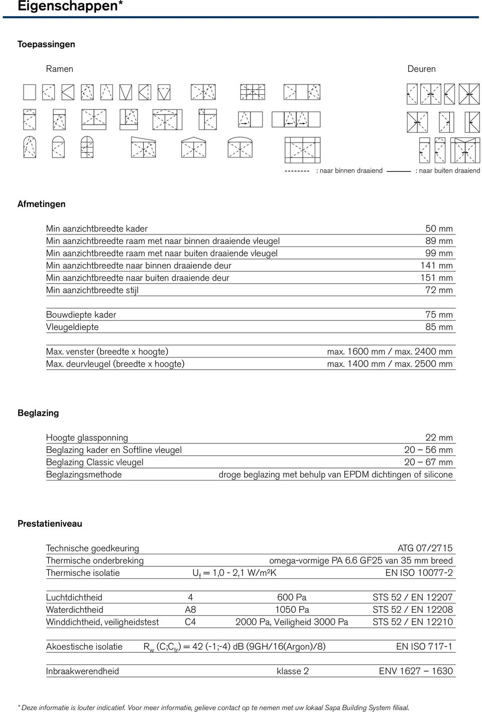 Vleugeldiepte Max. venster (breedte x hoogte) Max. deurvleugel (breedte x hoogte) 50 mm 89 mm 99 mm 141 mm 151 mm 72 mm 75 mm 85 mm max. 1600 mm / max. 2400 mm max. 1400 mm / max.