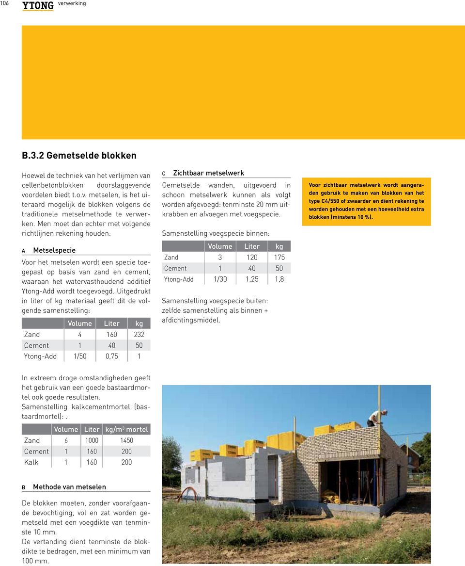 A Metselspecie Voor het metselen wordt een specie toegepast op basis van zand en cement, waaraan het watervasthoudend additief Ytong-Add wordt toegevoegd.