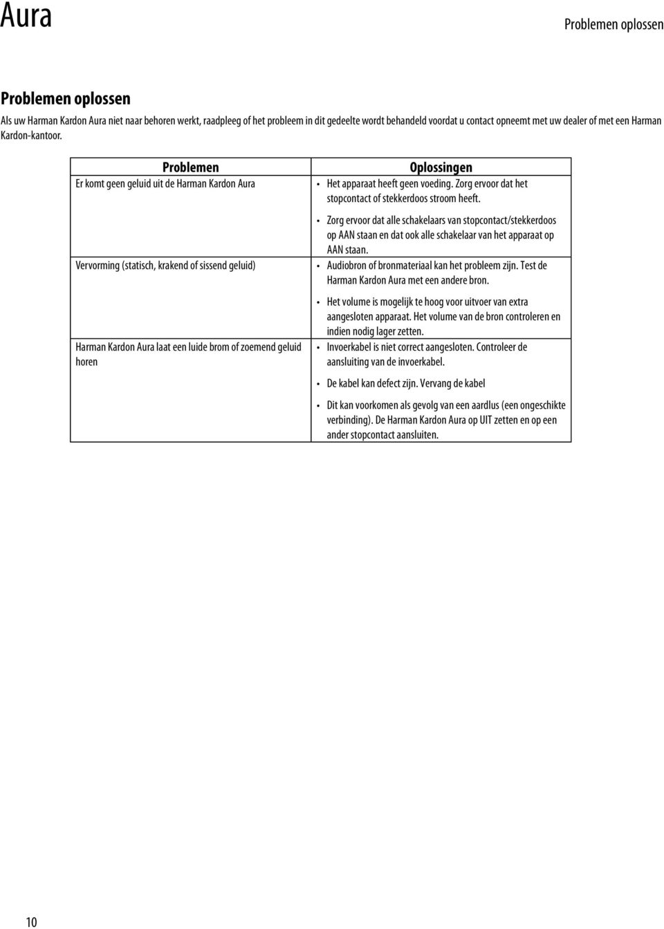 Problemen Er komt geen geluid uit de Harman Kardon Aura Vervorming (statisch, krakend of sissend geluid) Harman Kardon Aura laat een luide brom of zoemend geluid horen Oplossingen Het apparaat heeft