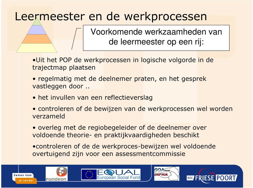 . het invullen van een reflectieverslag controleren of de bewijzen van de werkprocessen wel worden verzameld overleg met de