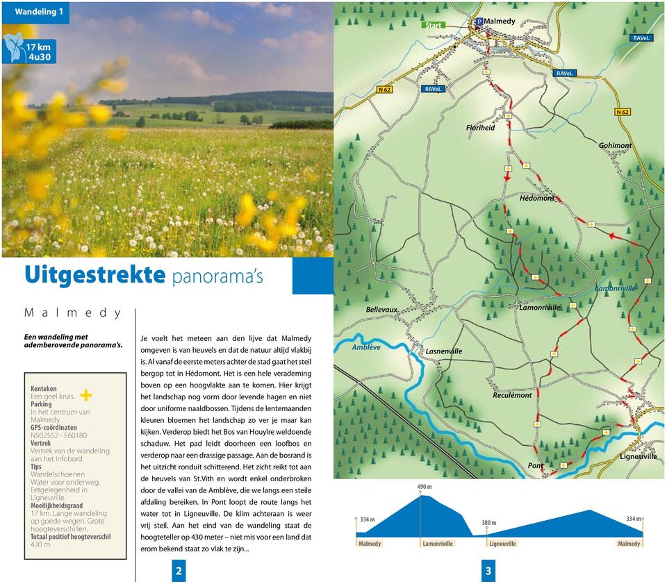 ademberovende panorama s. Een geel kruis. arking In het centrum van Malmedy. GS-coördinaten N502552 - E60180 van de wandeling aan het infobord Wandelschoenen Water voor onderweg.