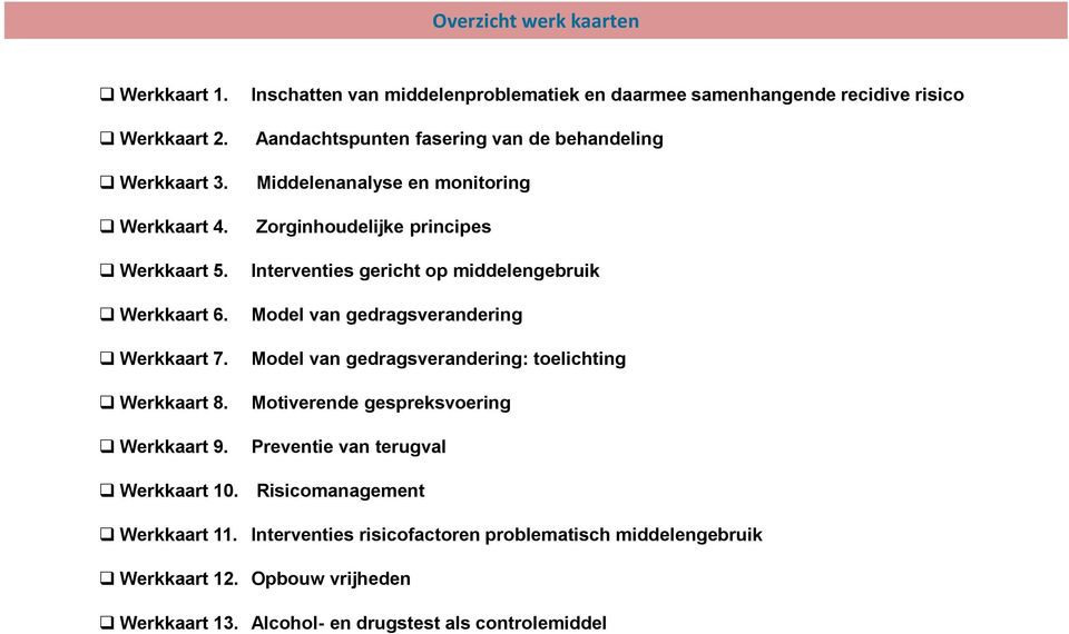 Zorginhoudelijke principes Interventies gericht op middelengebruik Model van gedragsverandering Model van gedragsverandering: toelichting Motiverende gespreksvoering