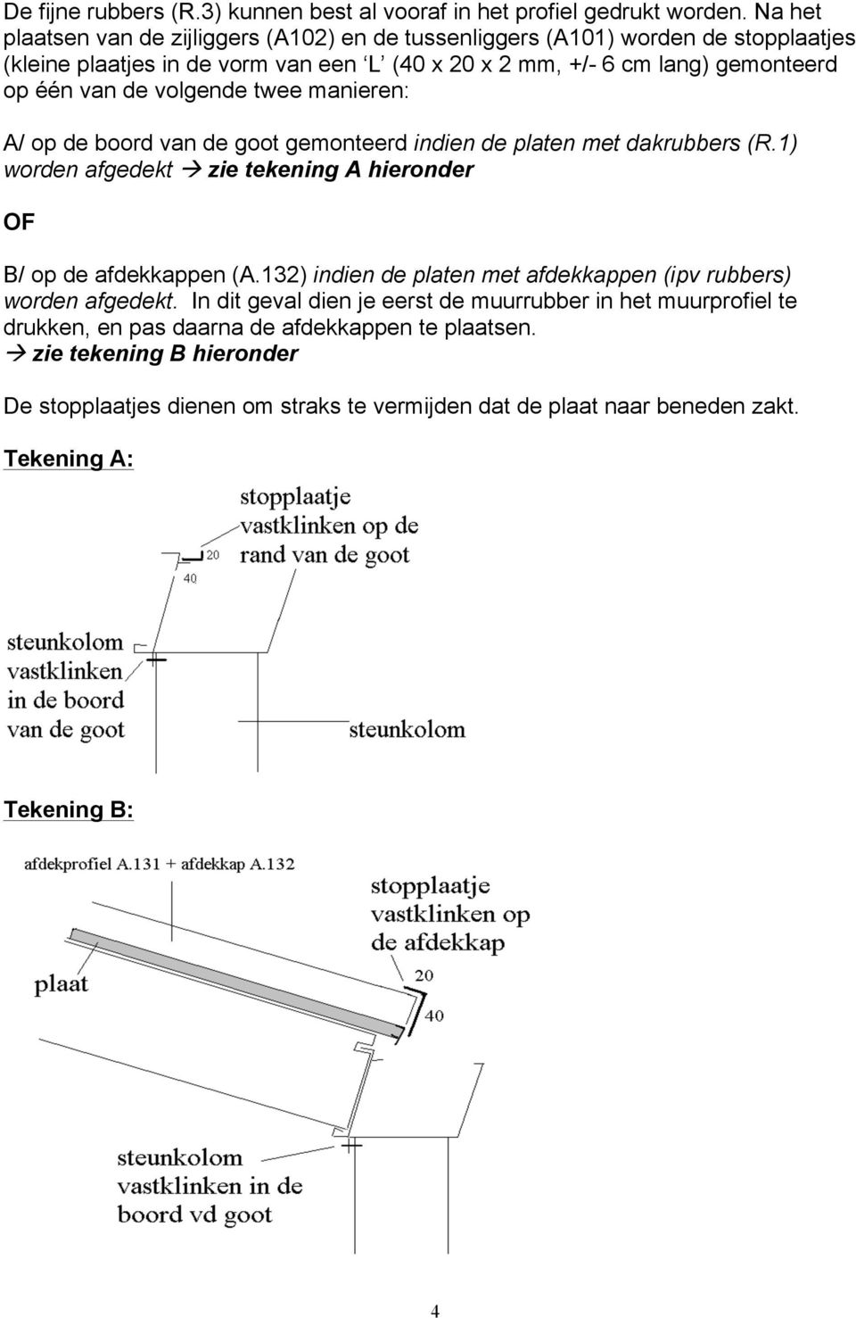 volgende twee manieren: A/ op de boord van de goot gemonteerd indien de platen met dakrubbers (R.1) worden afgedekt à zie tekening A hieronder OF B/ op de afdekkappen (A.