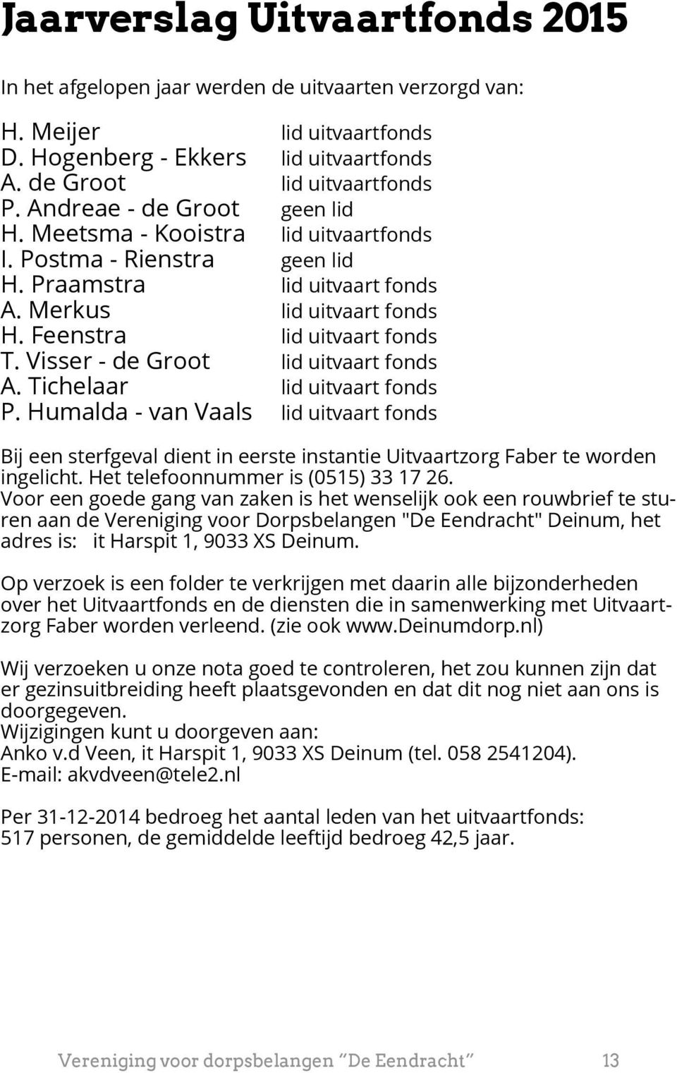 Visser - de Groot lid uitvaart fonds A. Tichelaar lid uitvaart fonds P. Humalda - van Vaals lid uitvaart fonds Bij een sterfgeval dient in eerste instantie Uitvaartzorg Faber te worden ingelicht.