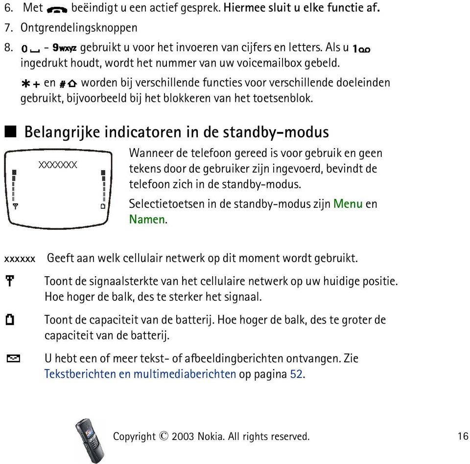 Belangrijke indicatoren in de standby-modus Wanneer de telefoon gereed is voor gebruik en geen tekens door de gebruiker zijn ingevoerd, bevindt de telefoon zich in de standby-modus.