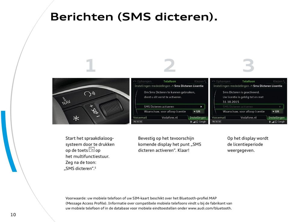 10 Voorwaarde: uw mobiele telefoon of uw SIM-kaart beschikt over het Bluetooth-profiel MAP (Message Access Profile).