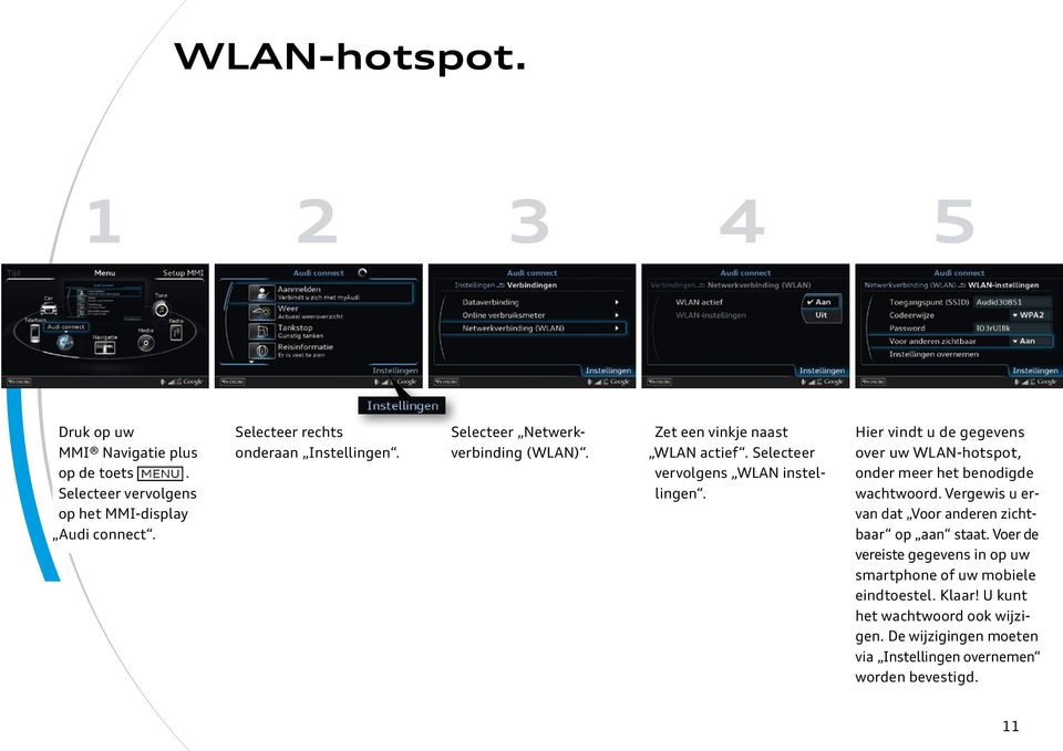 Selecteer vervolgens WLAN instellingen. Hier vindt u de gegevens over uw WLAN-hotspot, onder meer het benodigde wachtwoord.