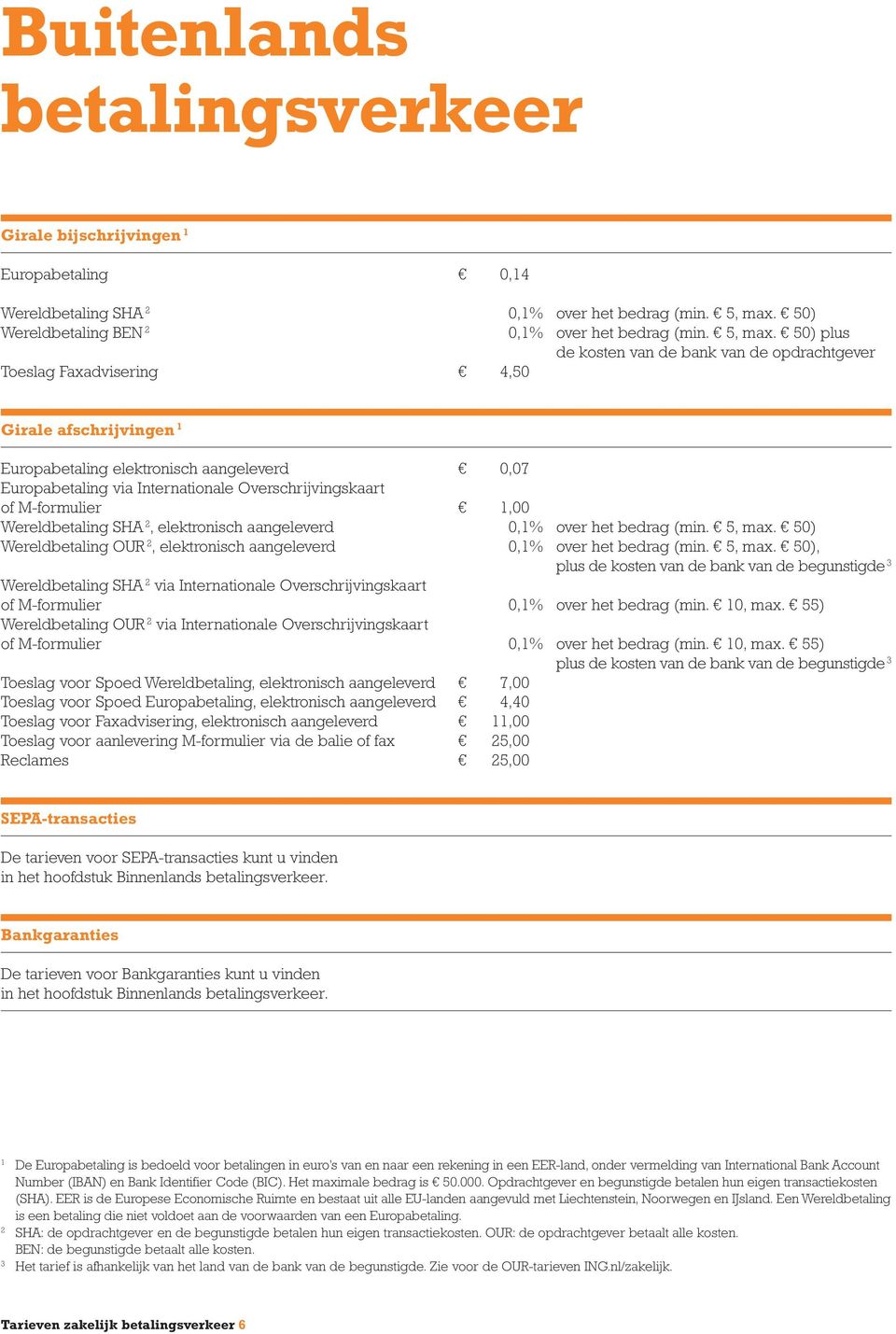 50) plus de kosten van de bank van de opdrachtgever Toeslag Faxadvisering 4,50 Girale afschrijvingen Europabetaling elektronisch aangeleverd 0,07 Europabetaling via Internationale