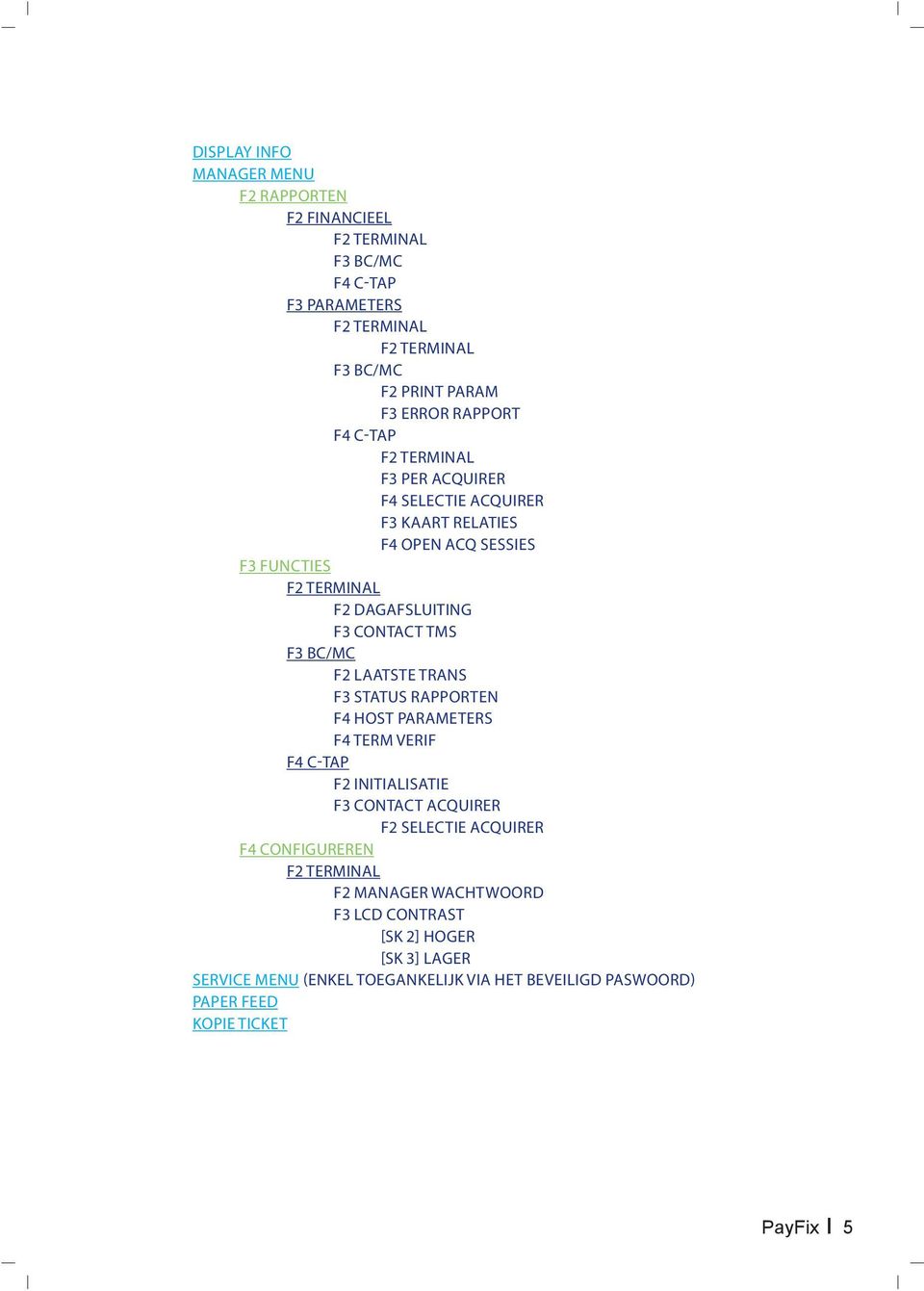 F3 BC/MC F2 LAATSTE TRANS F3 STATUS RAPPORTEN F4 HOST PARAMETERS F4 TERM VERIF F4 C-TAP F2 INITIALISATIE F3 CONTACT ACQUIRER F2 SELECTIE ACQUIRER F4