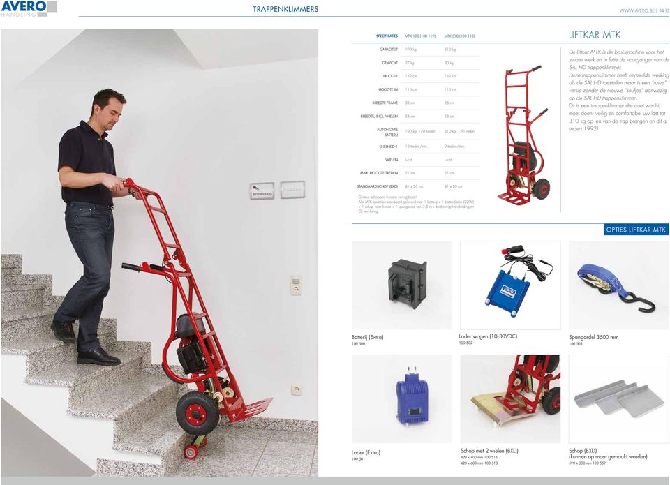 incl. Wielen 58 cm 58 cm autonomie batterij 190 kg: 170 treden 310 kg: 120 treden De Liftkar MTK is de basismachine voor het zware werk en in feite de voorganger van de SAL HD trappenklimmer.