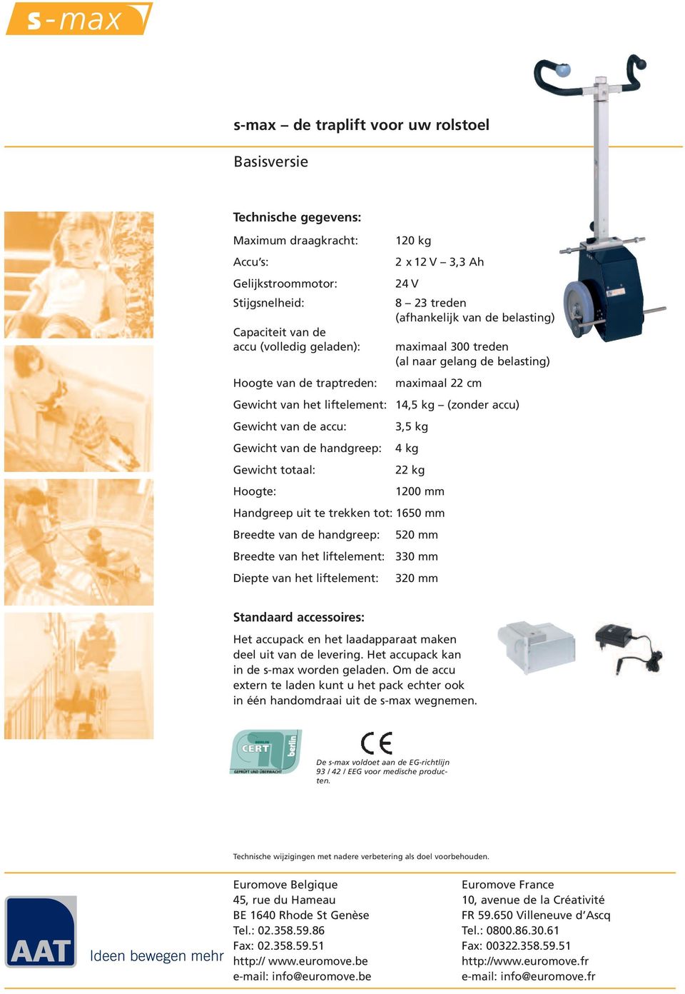 gelang de belasting) maximaal 22 cm 14,5 kg (zonder accu) 3,5 kg 4 kg 22 kg 1200 mm Handgreep uit te trekken tot: 1650 mm Breedte van de handgreep: Breedte van het liftelement: Diepte van het