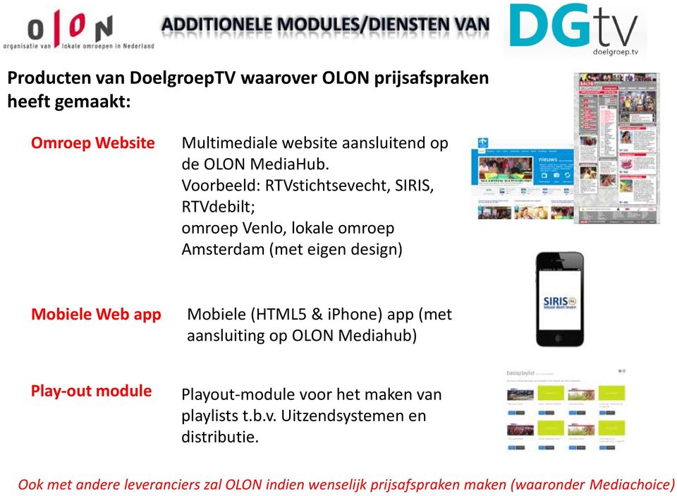Voorbeeld: RTVstichtsevecht, SIRIS, RTVdebilt; omroep Venlo, lokale omroep Amsterdam (met eigen design) Mobiele Web app Mobiele