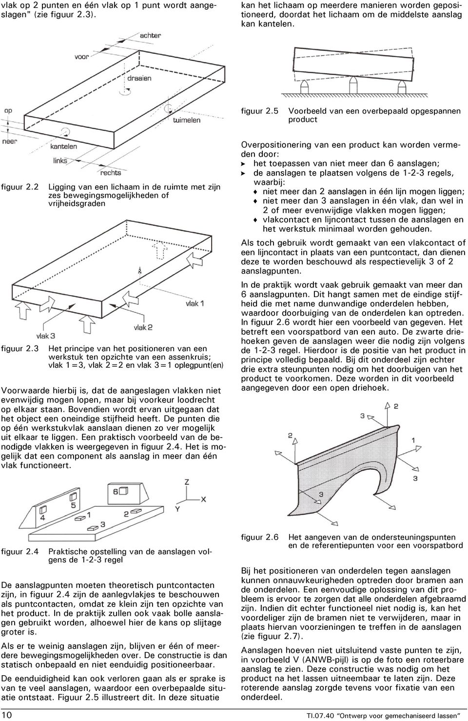 3 Ligging van een lichaam in de ruimte met zijn zes bewegingsmogelijkheden of vrijheidsgraden Het principe van het positioneren van een werkstuk ten opzichte van een assenkruis; vlak 1=3, vlak 2=2 en