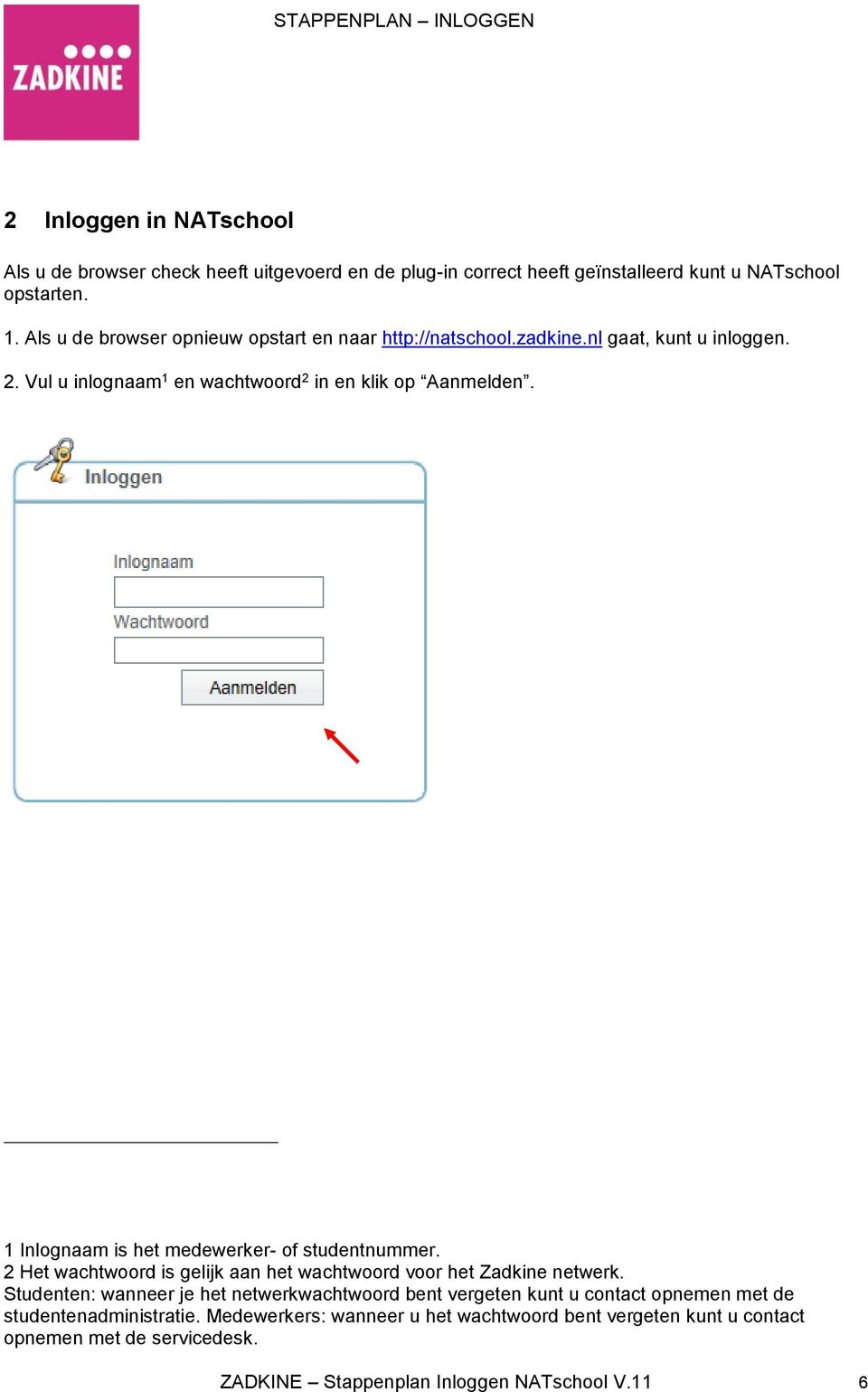 1 Inlognaam is het medewerker- of studentnummer. 2 Het wachtwoord is gelijk aan het wachtwoord voor het Zadkine netwerk.