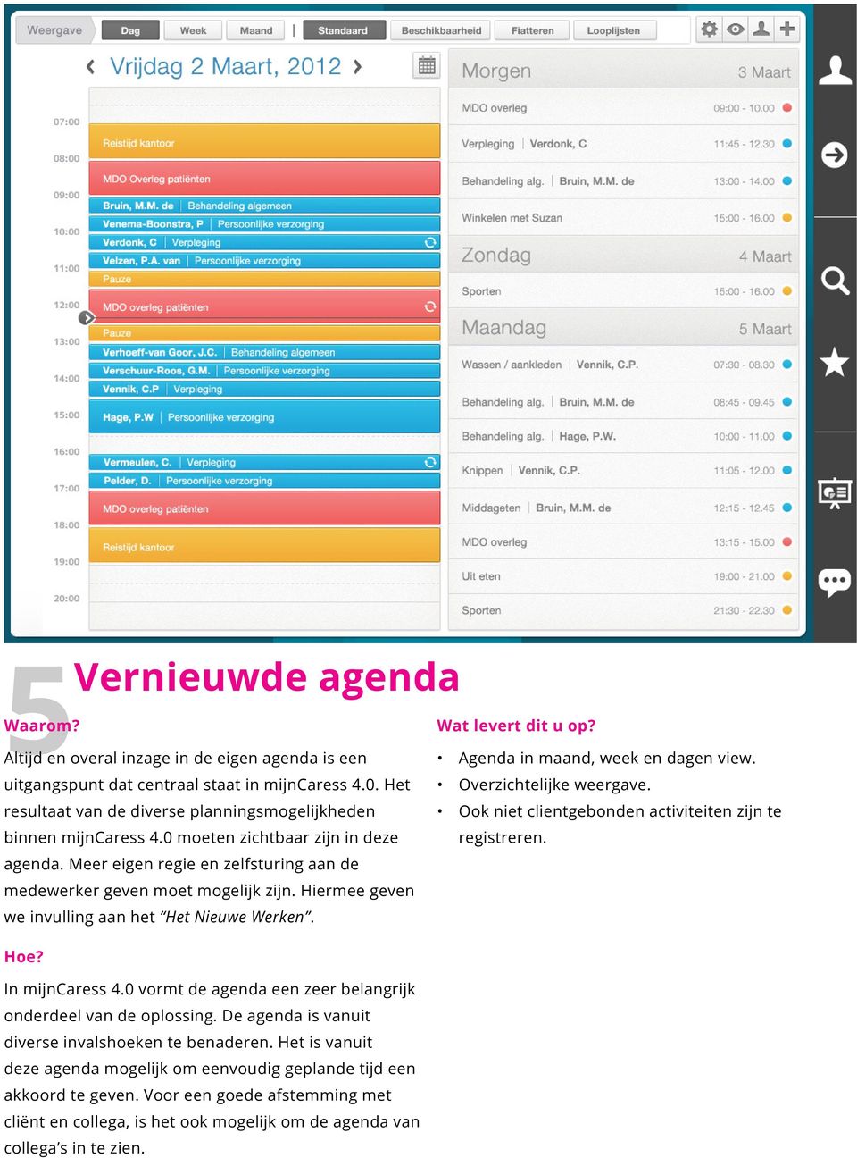 Agenda in maand, week en dagen view. Overzichtelijke weergave. Ook niet clientgebonden activiteiten zijn te registreren. In mijncaress 4.