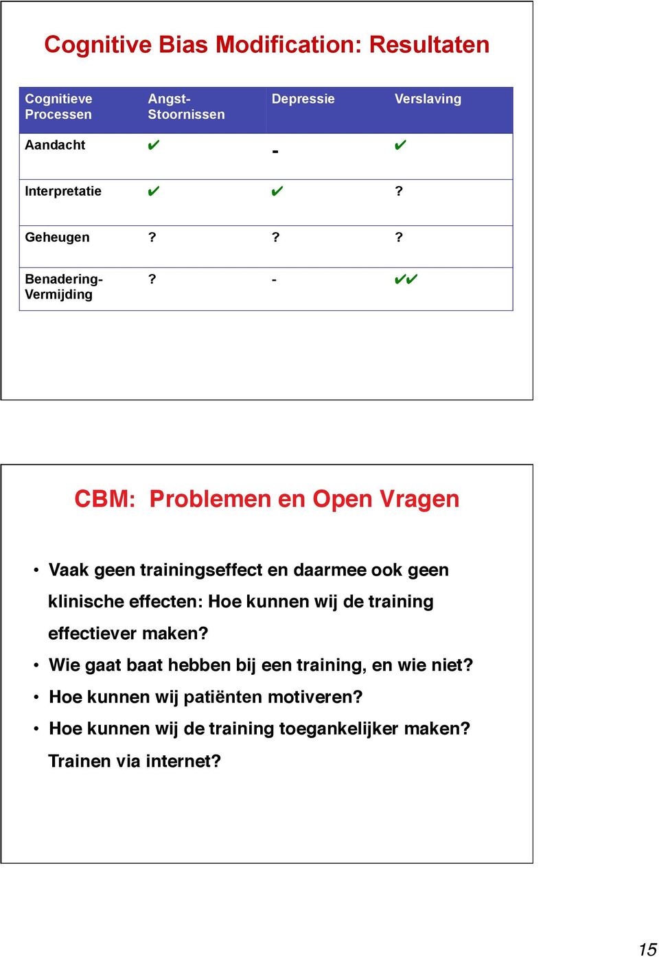 - CBM: Problemen en Open Vragen" Vaak geen trainingseffect en daarmee ook geen klinische effecten: Hoe kunnen wij de