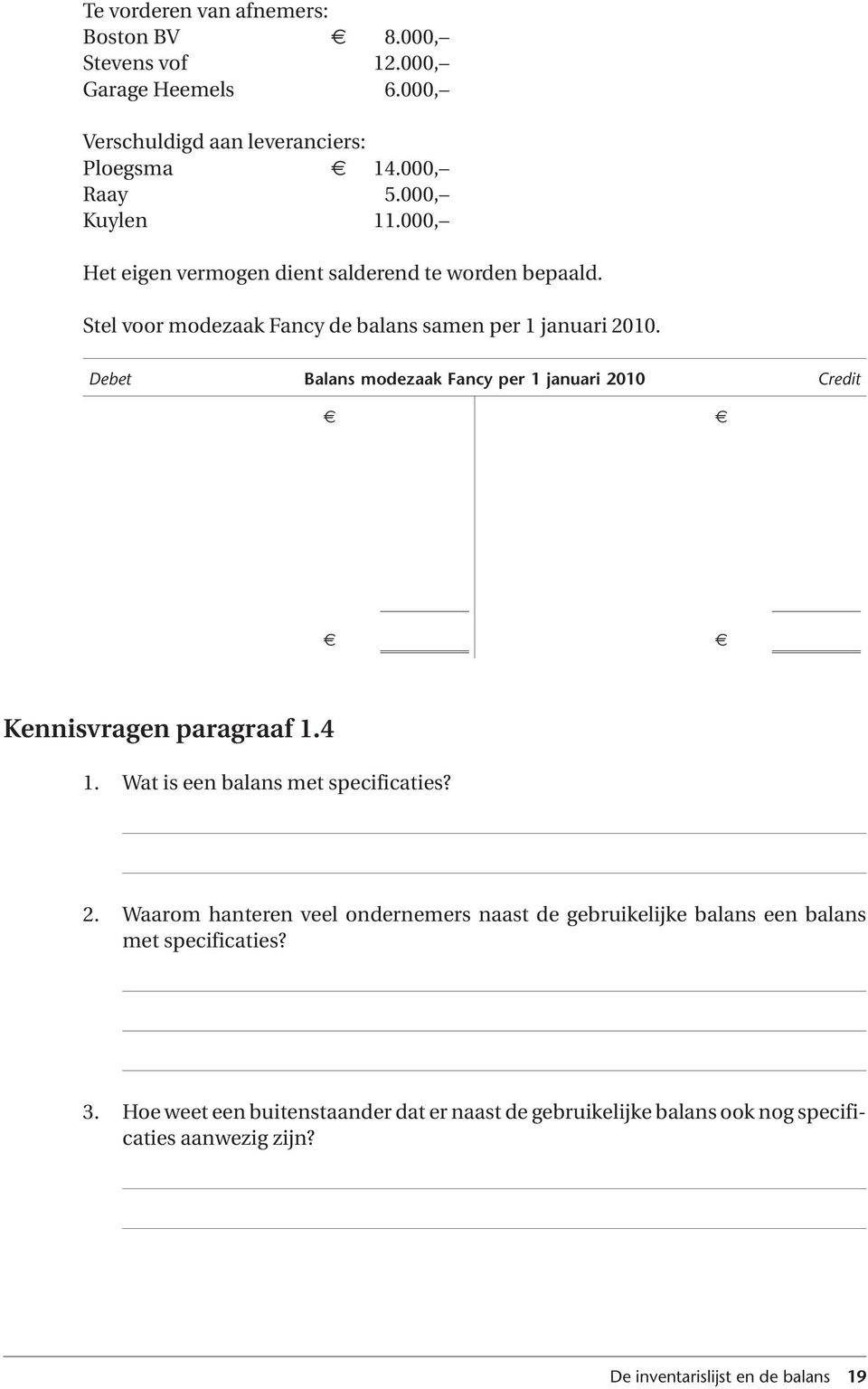 Debet Balans modezaak Fancy per 1 januari 2010 Credit Kennisvragen paragraaf 1.4 1. Wat is een balans met specificaties? 2. Waarom hanteren veel ondernemers naast de gebruikelijke balans een balans met specificaties?