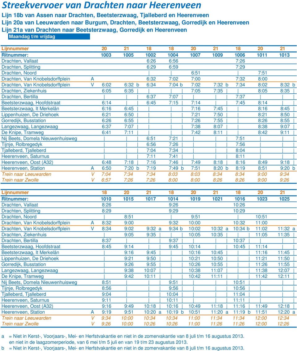 7:26 Drachten, Splitting 6:29 6:59 7:29 Drachten, Noord 6:51 7:51 Drachten, Van Knobelsdorffplein A 6:32 7:02 7:00 7:32 8:00 Drachten, Van Knobelsdorffplein V 6:02 6:32 b 6:34 7:04 b 7:02 7:32 b 7:34