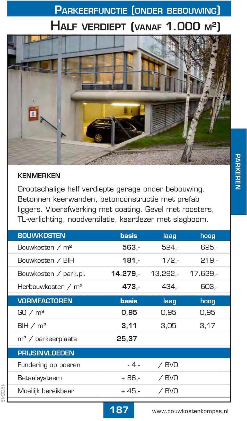 parkeren BOUWKOSTEN basis laag hoog Bouwkosten / m² 563,- 524,- 695,- Bouwkosten / BIH 181,- 172,- 219,- Bouwkosten / park.pl. 14.279,- 13.292,- 17.