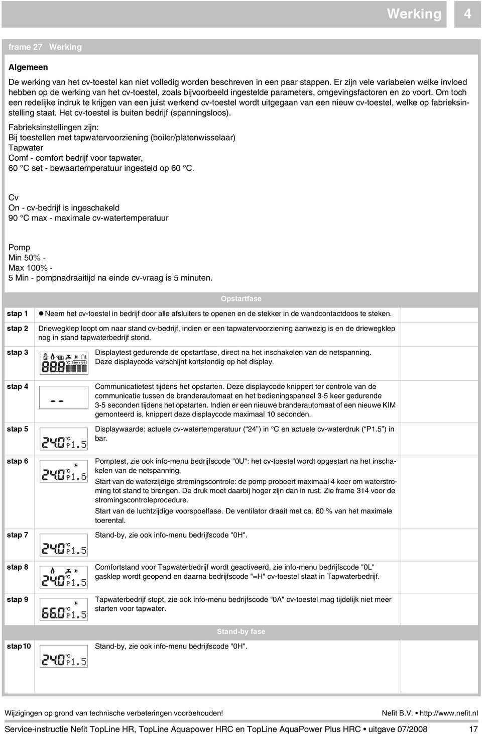 Om toch een redelijke indruk te krijgen van een juist werkend cv-toestel wordt uitgegaan van een nieuw cv-toestel, welke op fabrieksinstelling staat. Het cv-toestel is buiten bedrijf (spanningsloos).