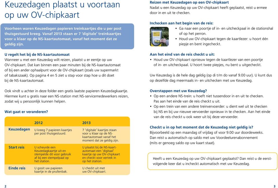 U regelt het bij de NS-kaartautomaat Wanneer u met een Keuzedag wilt reizen, plaatst u er eentje op uw OV-chipkaart.