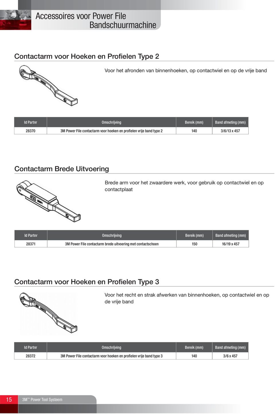 op contactplaat Id Partnr Omschrijving Bereik (mm) Band afmeting (mm) 28371 3M Power File contactarm brede uitvoering met contactschoen 150 16/19 x 457 Contactarm voor Hoeken en Profielen Type 3 Voor