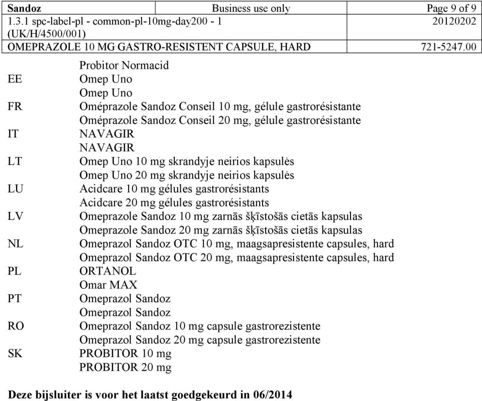 gastrorésistants Omeprazole Sandoz 10 mg zarnās šķīstošās cietās kapsulas Omeprazole Sandoz 20 mg zarnās šķīstošās cietās kapsulas Omeprazol Sandoz OTC 10 mg, maagsapresistente capsules, hard
