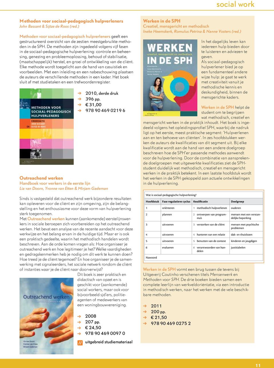 De methoden zijn ingedeeld volgens vijf fasen in de sociaal-pedagogische hulpverlening: controle en beheersing, genezing en probleemoplossing, behoud of stabilisatie, (maatschappelijk) herstel, en