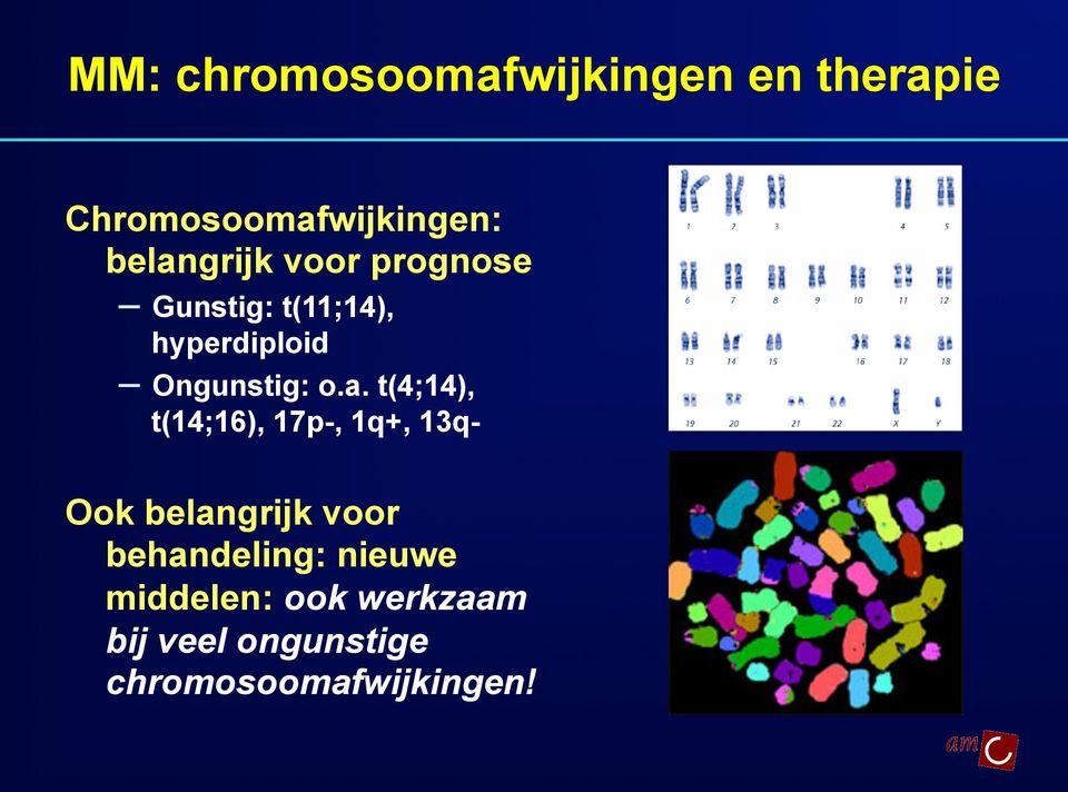 o.a. t(4;14), t(14;16), 17p-, 1q+, 13q- Ook belangrijk voor