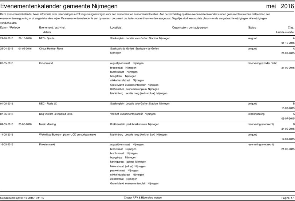 De evenementenkalender is een dynamisch document dat ieder moment kan worden aangepast. Dagelijks vindt een update plaats van de aangebrachte wijzigingen.