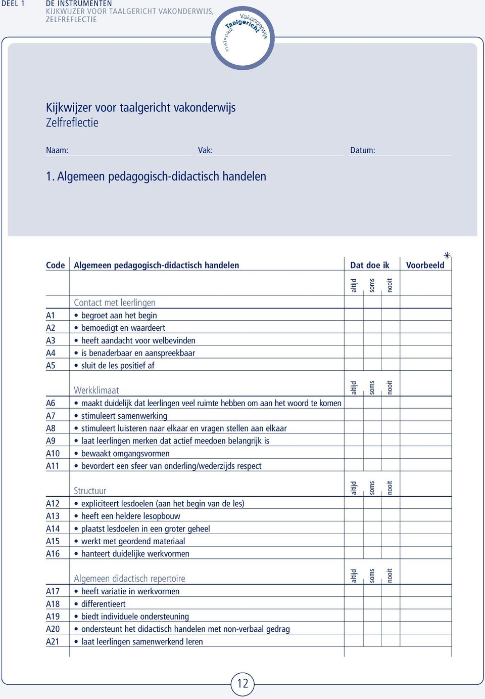 voor welbevinden A4 is benaderbaar en aanspreekbaar A5 sluit de les positief af altijd soms nooit * A6 A7 A8 A9 A10 A11 Werkklimaat maakt duidelijk dat leerlingen veel ruimte hebben om aan het woord