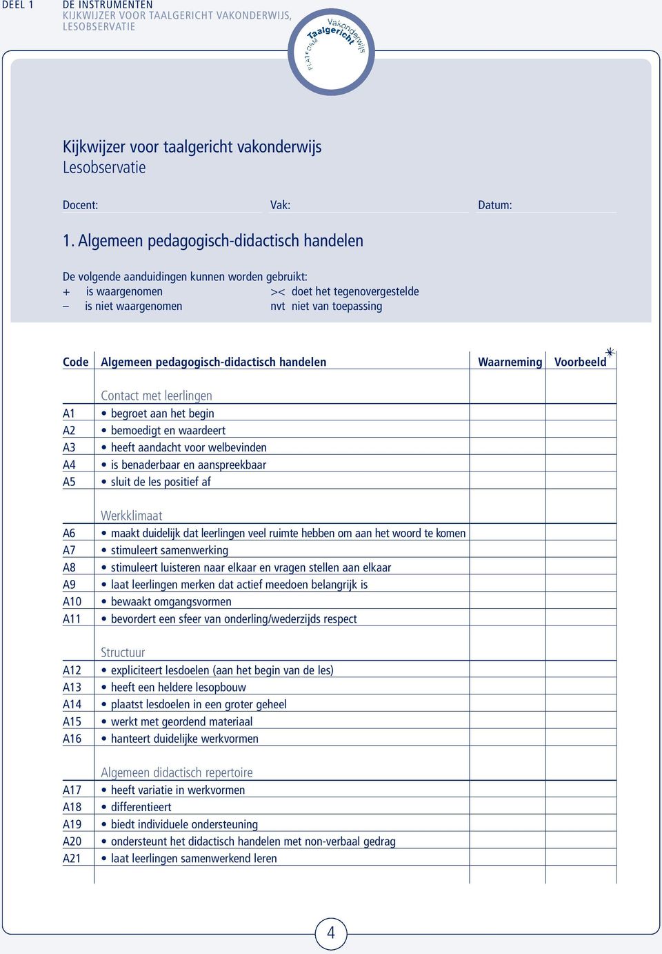 pedagogisch-didactisch handelen Waarneming Voorbeeld A1 A2 A3 A4 A5 Contact met leerlingen begroet aan het begin bemoedigt en waardeert heeft aandacht voor welbevinden is benaderbaar en aanspreekbaar