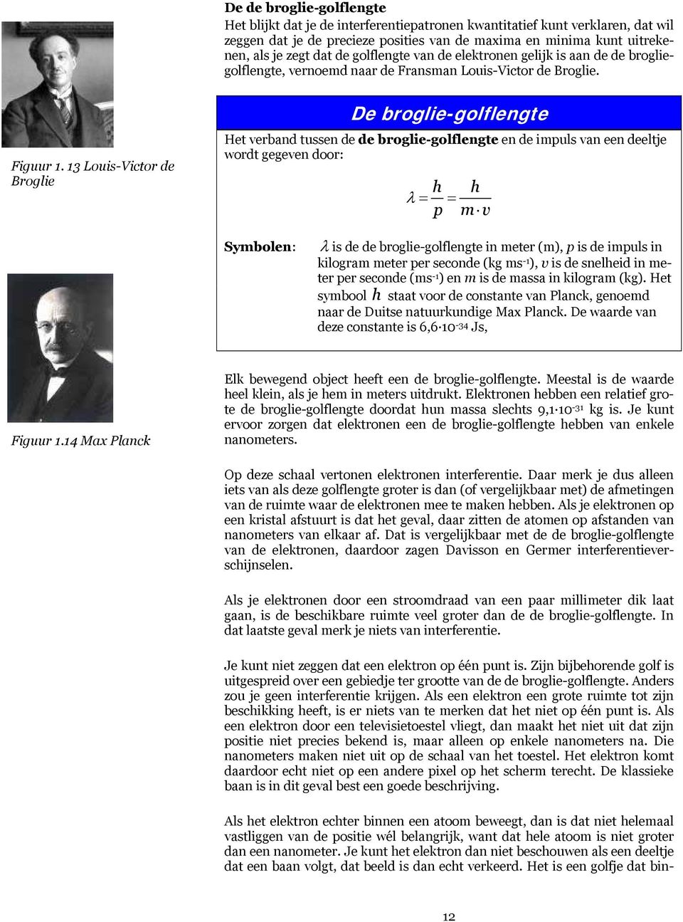 13 Louis-Victor de Broglie Het verband tussen de de broglie-golflengte en de impuls van een deeltje wordt gegeven door: h h p mv Symbolen: is de de broglie-golflengte in meter (m), p is de impuls in