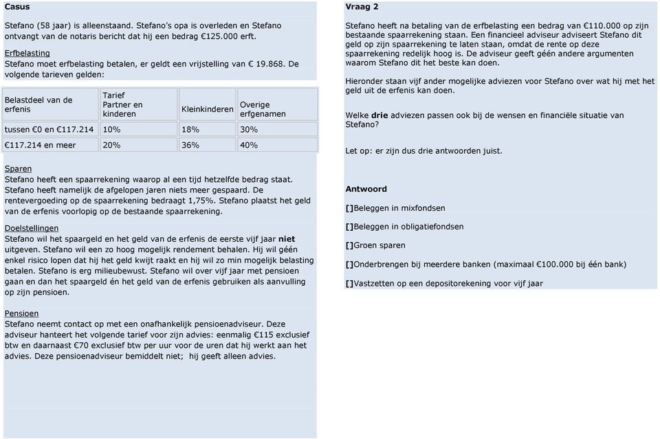 De volgende tarieven gelden: Belastdeel van de erfenis Tarief Partner en kinderen Kleinkinderen Overige erfgenamen tussen 0 en 117.214 10% 18% 30% 117.